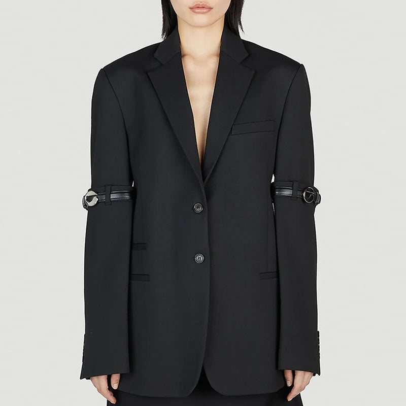 TWOTWINSTYLE Solid Color Notched Collar Long Sleeve Patchwork Button Blazer Women Jackets Coat