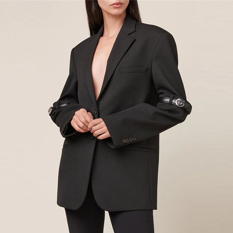 TWOTWINSTYLE Solid Color Notched Collar Long Sleeve Patchwork Button Blazer Women Jackets Coat