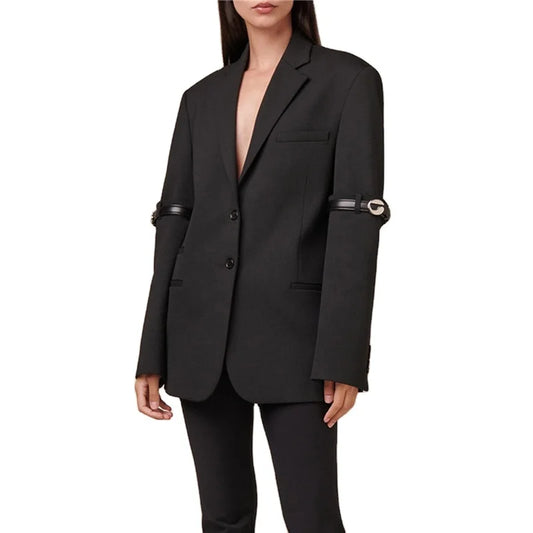 TWOTWINSTYLE Solid Color Notched Collar Long Sleeve Patchwork Button Blazer Women Jackets Coat