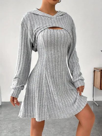 Woman Clothing Set Long Sleeved Hooded Top And Sleeveless Square Neck A-line Vest Dress