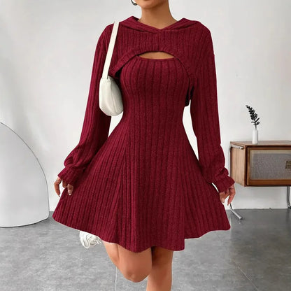 Woman Clothing Set Long Sleeved Hooded Top And Sleeveless Square Neck A-line Vest Dress
