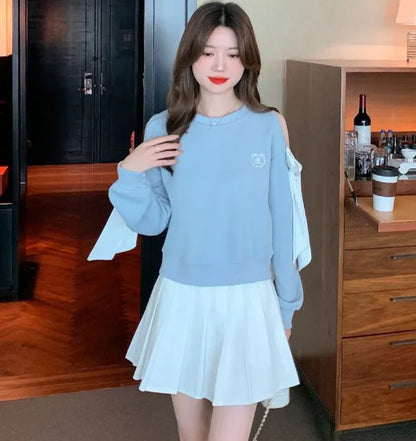Off The Shoulder Sweatshirt For Women Harajuku Fashion Youthful Clothes Sport Essential New In Basic Blue Woman Pullover Tops