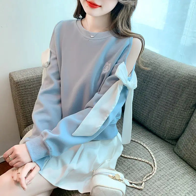 Off The Shoulder Sweatshirt For Women Harajuku Fashion Youthful Clothes Sport Essential New In Basic Blue Woman Pullover Tops