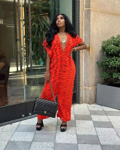 Fashion Blogger Designer  2025 Summer Fashion Summer Hollow Denim Jumpsuit Sexy Lady Deep V-Neck Loose Deep Jumpsuit For Holiday