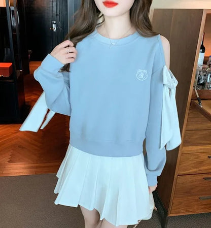 Off The Shoulder Sweatshirt For Women Harajuku Fashion Youthful Clothes Sport Essential New In Basic Blue Woman Pullover Tops