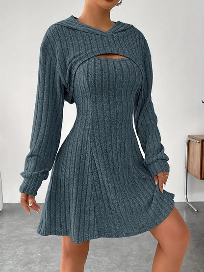 Woman Clothing Set Long Sleeved Hooded Top And Sleeveless Square Neck A-line Vest Dress