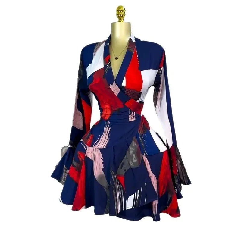 Women's Clothing 2025 Summer New Sweet Fresh Printed V-neck Tie Bell Sleeve High Waist Dress Short Skirt Vestido Women Elegant